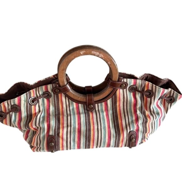 Vintage Striped Canvas & Wood Handle Tote Bag - Picture 3 of 8